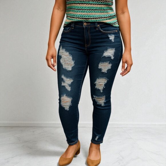 Blue Distressed Raw Hem Denim Pants - Picture 1 of 7